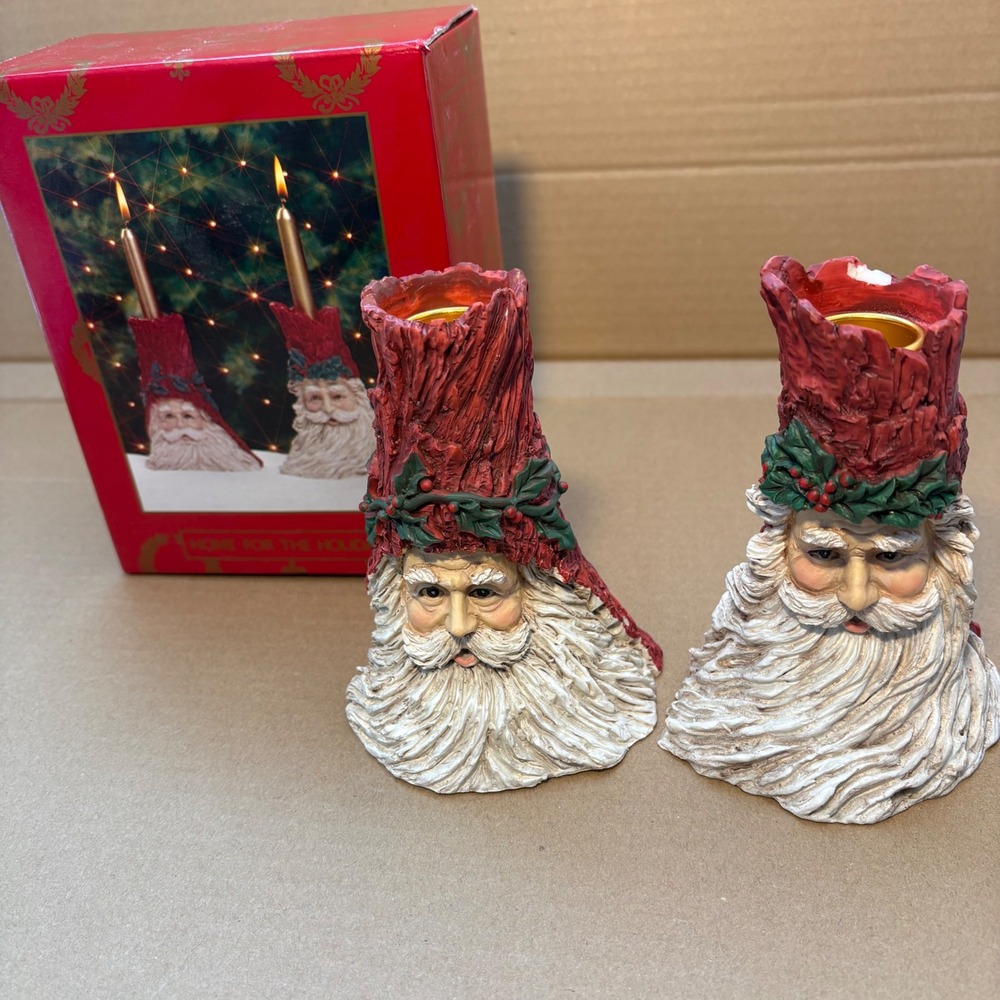 Vintage Set of 2 Santa Claus Face Tree Trunk Candlestick Holders Red Holly